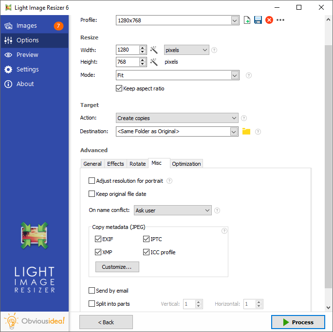 Light Image Resizer - Opciones varias