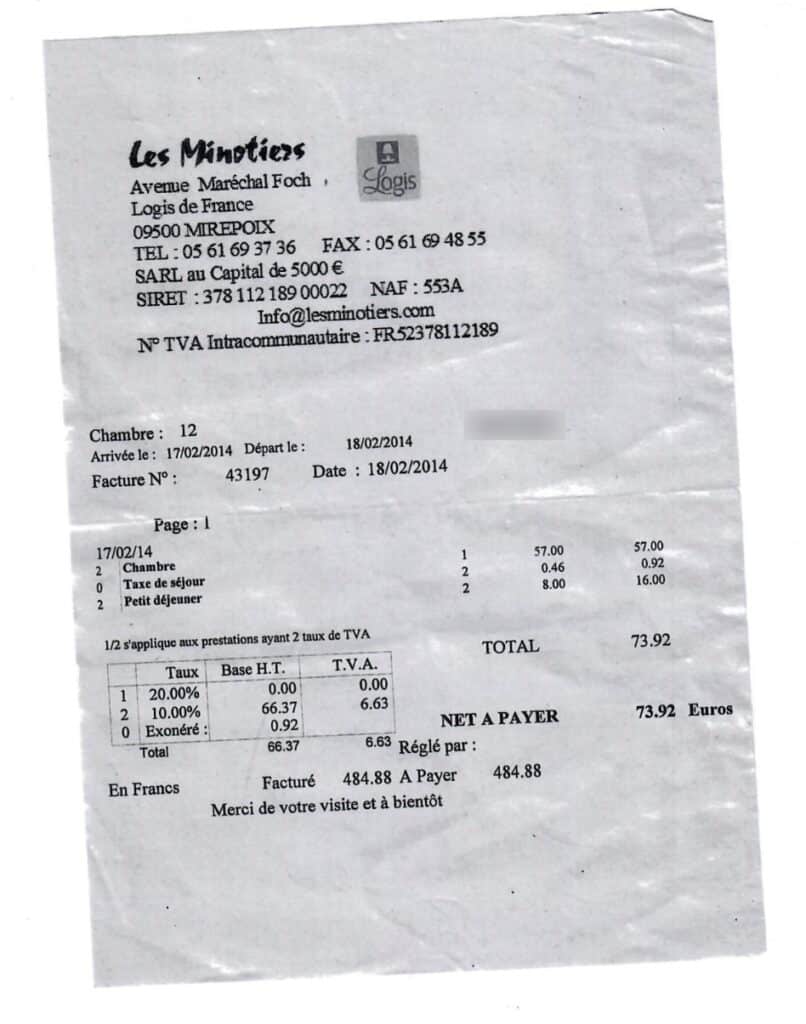 Hotel invoice for room and services.