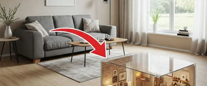 Cozy living room with miniature model display.