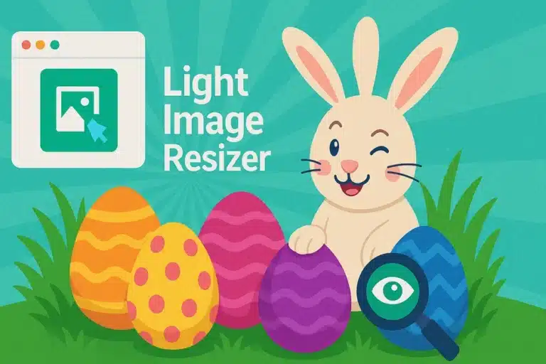 Illustrated bunny with colorful Easter eggs and magnifier.
