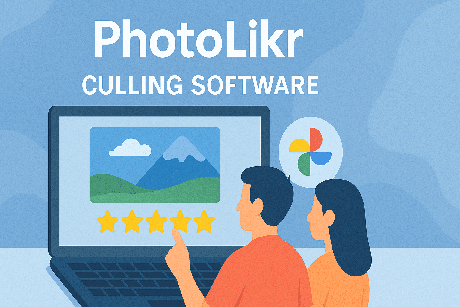 Les gens évaluent les photos sur un ordinateur portable avec le logiciel PhotoLikr.