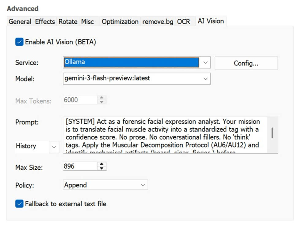 AI Vision feature interface with settings options