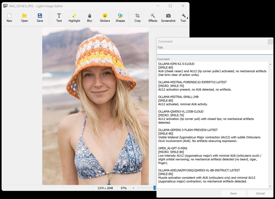 Woman wearing crochet hat and bikini on beach.