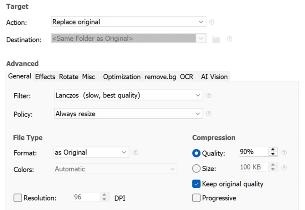 Software resize settings interface screenshot.