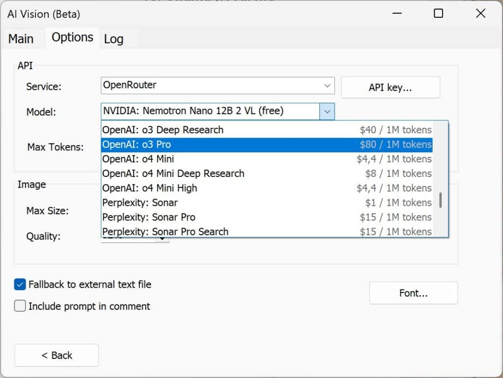 AI Vision App-Modellauswahl-Dropdown-Menü