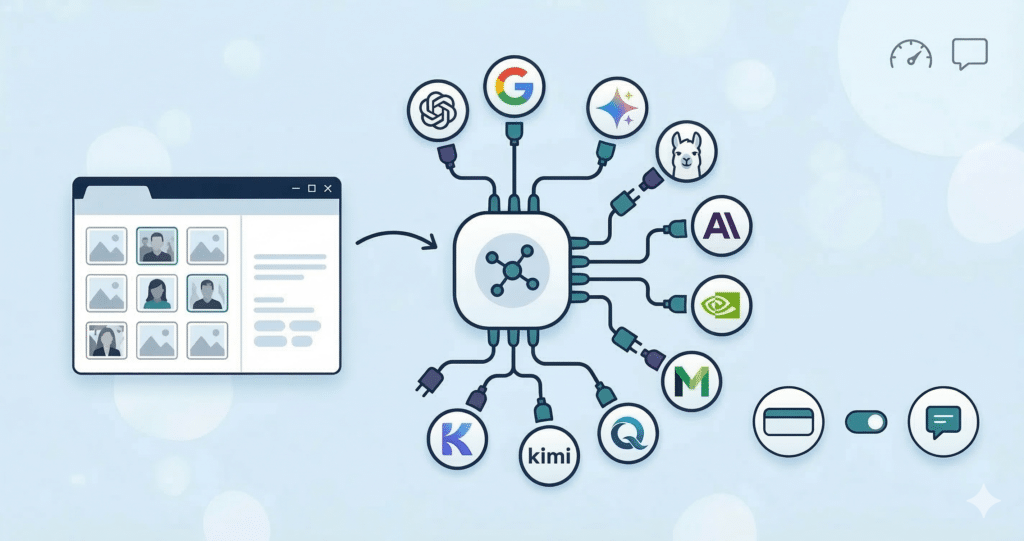 AI integration hub connecting multiple platform logos
