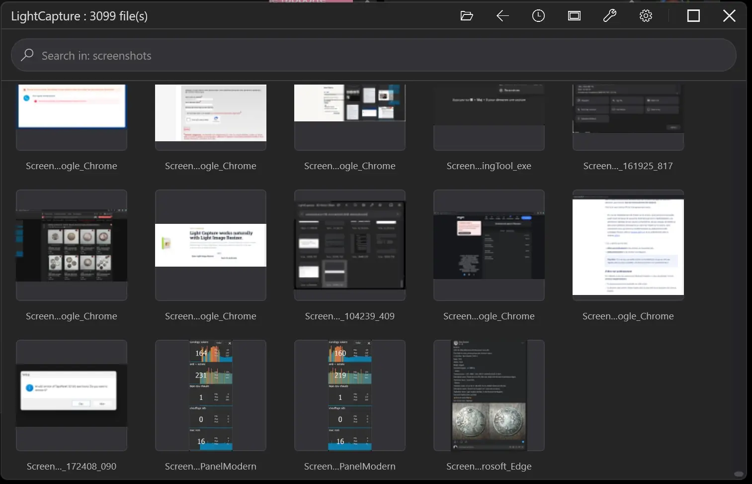Light Capture screenshot browser with folder browsing, OCR search, and file metadata in Windows