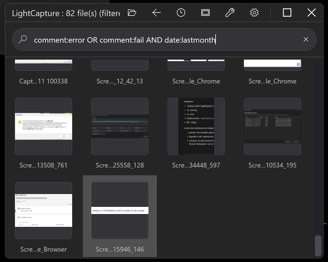 LightCapture Raster-Durchsuchungsansicht — Vorschaubilder mit aktiviertem AQS-Suchfilter