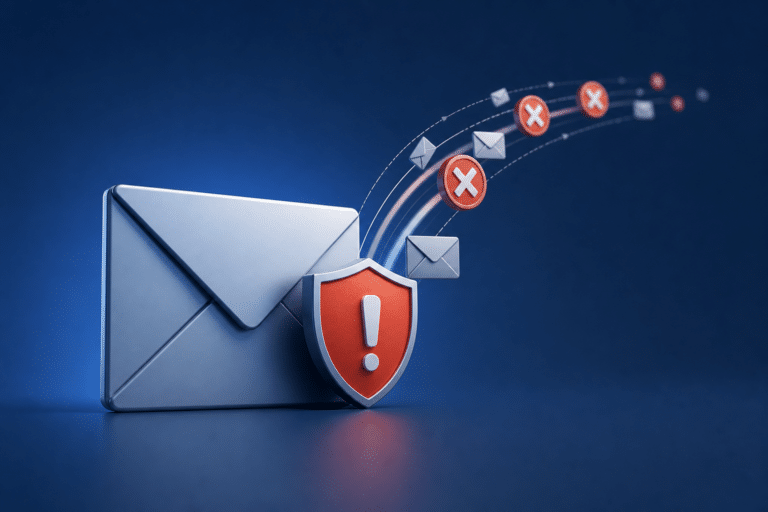 Email security shield rejecting spam messages with 'X' marks.