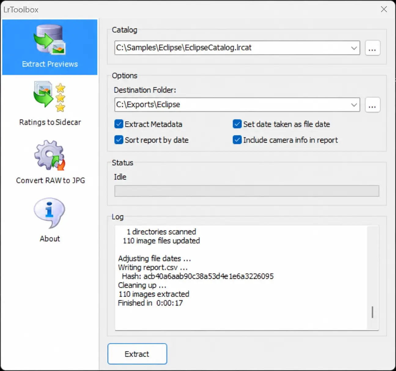 LrToolbox extracting 110 previews and writing a chronological CSV report from a Lightroom catalog