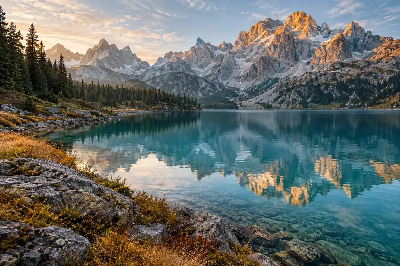 AI-generated illustration of an alpine lake and sunlit mountains; not an image recovered with LrToolbox
