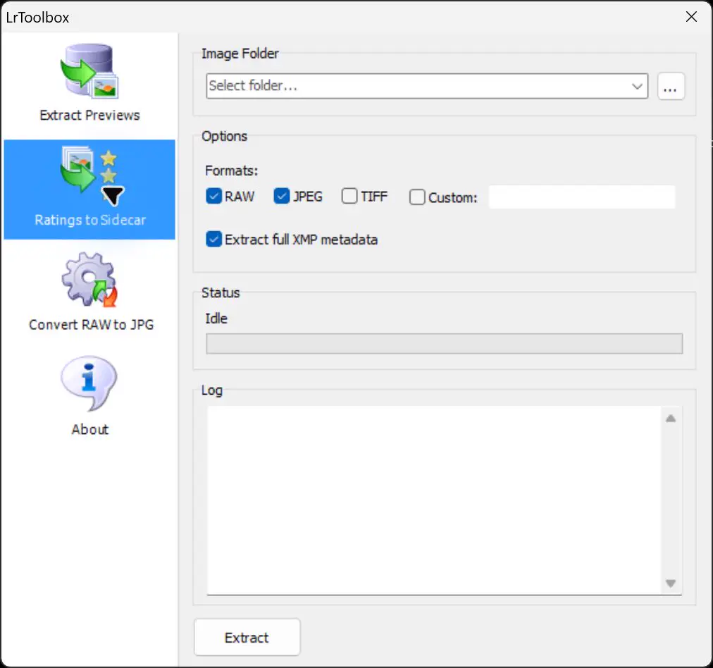 LrToolbox Ratings to Sidecar screen for exporting ratings and XMP metadata from RAW, JPEG and TIFF files