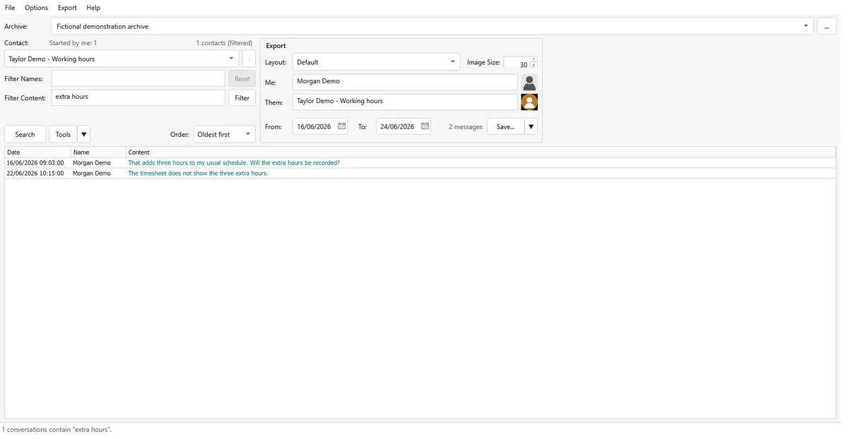 DMForensix archive search for extra hours in fictional conversations