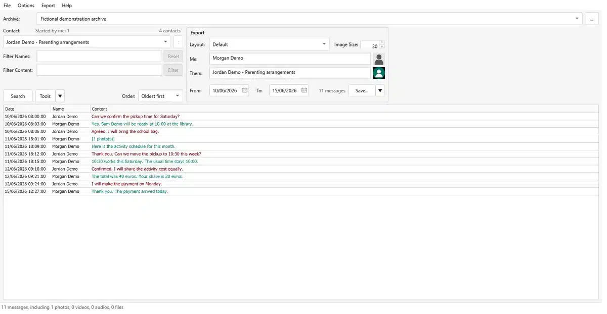 DMForensix conversation view with fictional parenting arrangements
