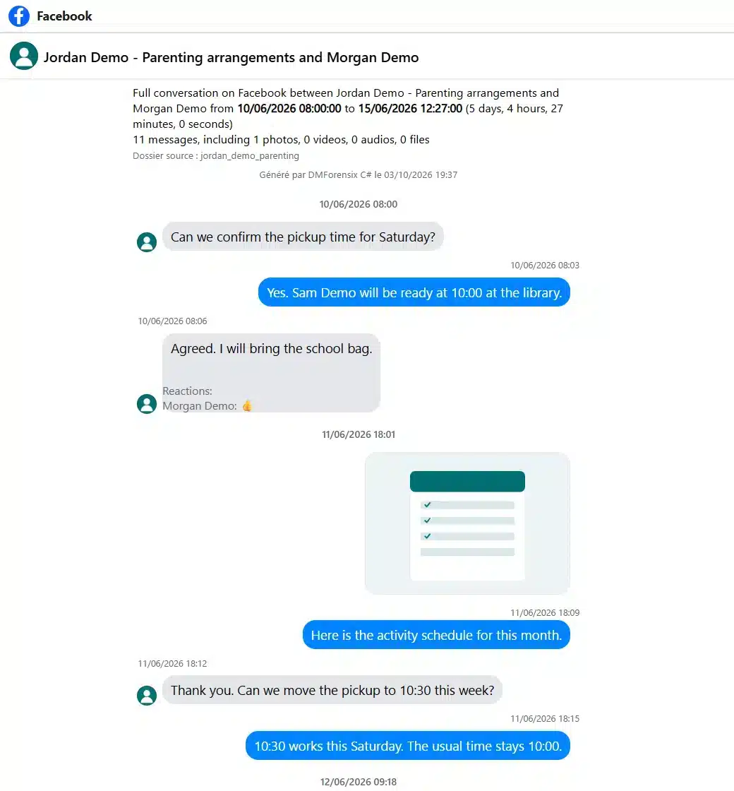 Actual DMForensix Messenger layout export with fictional messages and a synthetic attachment