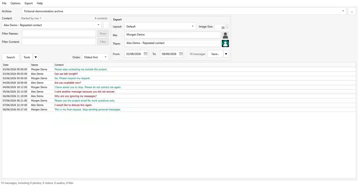 DMForensix conversation view with fictional requests to stop contact
