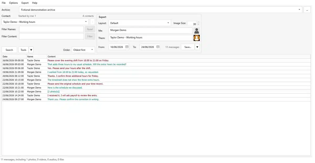 DMForensix conversation view with fictional working hours