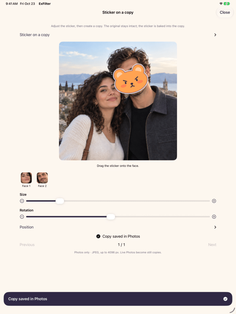 Photo editing app applying angry bear sticker to man's face.