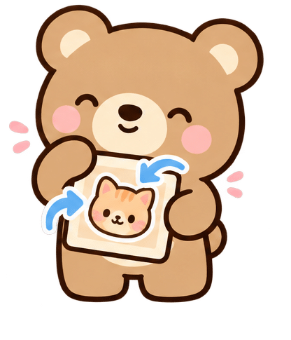 Un ours kawaii tient une image de chat entourée de flèches.